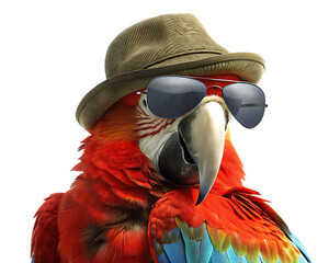 Colorful parrot wearing sunglasses and hat on white background isolated on a transparent background blue