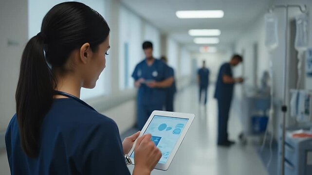 Nurse Using Digital Tablet in Hospital Corridor for Patient Management and Communication with Healthcare Staff