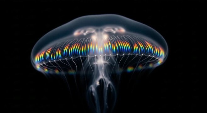 Glowing Rainbow Comb Jellyfish Swimming in the Deep Dark Ocean