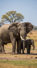 Fototapeta premium Adult and baby elephants stand together in dry grassland.