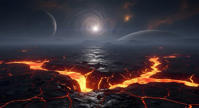 An alien landscape with lava and lava in the fore of distant.