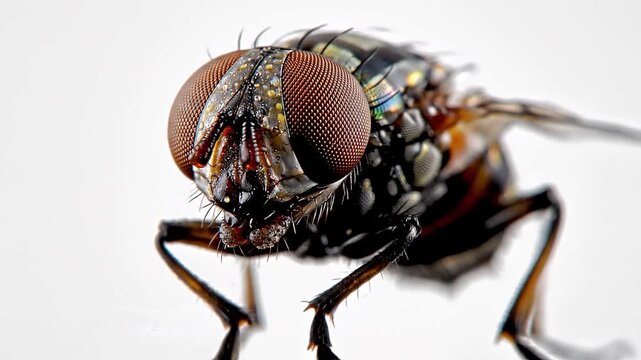 Close-up of a colorful hovering insect with large compound eyes