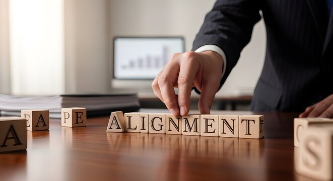 Businessman carefully arranges wooden alphabet blocks spelling out the crucial business concept of alignment on a polished office desk