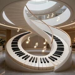 Obraz premium Creative Architectural Design of a Spiral Staircase with Piano Keys and Floating Musical Notes