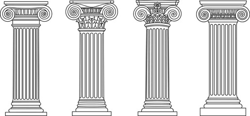 Obraz premium Ancient Greek and Roman Classical Columns Set, Architectural Pillars Flat Vector Illustration