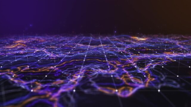 Abstract digital landscape with glowing purple data network and topographic wireframe lines on dark background.