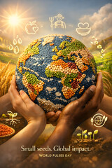 celebrating World Pulses Day on February 10, featuring f mixed pulses and legumes including lentils, chickpeas, beans, and peas scattered on a soft pastel background.