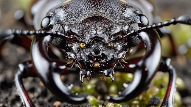 Close-up of a shiny, black beetle head with antennae
