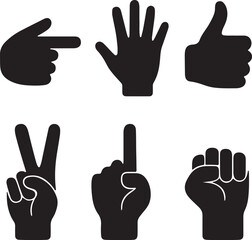 Hand gesture silhouette icon set pointing, thumbs up, peace sign and fist symbols vector illustration