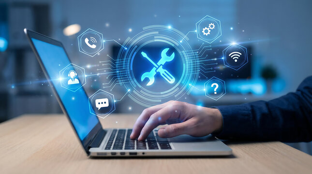 Person using a laptop with a digital interface displaying customer support, communication, and IT service icons for technical assistance and online help.