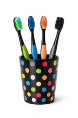 Four colorful toothbrushes with black handles standing in polka dot holder white background