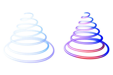 Glowing spiral Christmas trees in white and colorful neon lights isolated on a transparent background