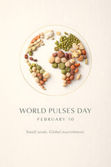 celebrating World Pulses Day on February 10, featuring f mixed pulses and legumes including lentils, chickpeas, beans, and peas scattered on a soft pastel background.