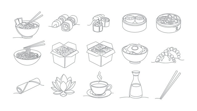 A Collection of Asian Food and Drink Icons: A line art illustration featuring a variety of traditional Asian cuisine, including noodles, sushi, dumplings, rice, tea, and soy sauce.