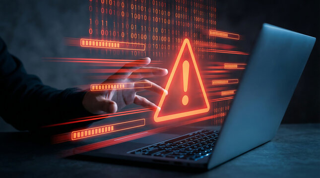 Hand reaching towards a laptop displaying a digital warning sign with binary code overlay, indicating a cyber security breach or threat.