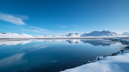 Fototapeta premium A serene winter landscape featuring a calm lake reflecting snow-covered mountains under a clear blue sky. The scene captures the tranquility of nature in winter.
