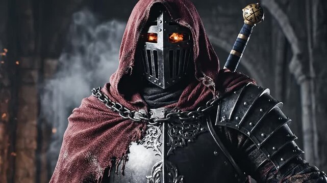 Stoic Shadow Warrior with Crimson Hood and Greatsword in Atmospheric Mist
