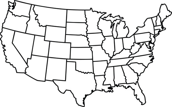 Outline map of usa states on transparent background, simple black lines showing all state borders