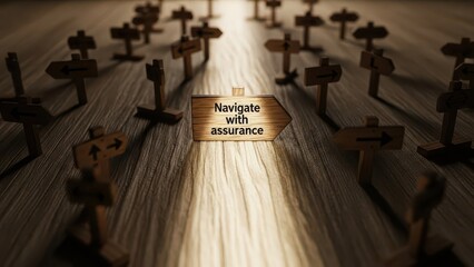 Wooden Signpost Reads Navigate with Assurance Amidst Many Paths