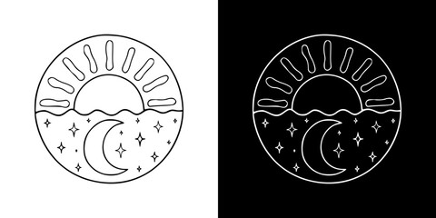 Sun and moon graphic symbolizing balance of day and night for Spring Equinox, isolated vector image, two design options on transparent and black backgrounds, pencil drawing, chalk drawing  