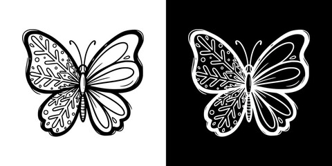 Butterfly with one wing patterned like a snowflake and the other like petals - Concept of Spring Equinox, isolated vector image, two design options on transparent and black backgrounds, pencil drawi  