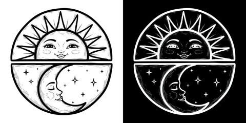 Sun and moon illustration in black and white style representing Spring Equinox, isolated vector image, two design options on transparent and black backgrounds, pencil drawing, chalk drawing  