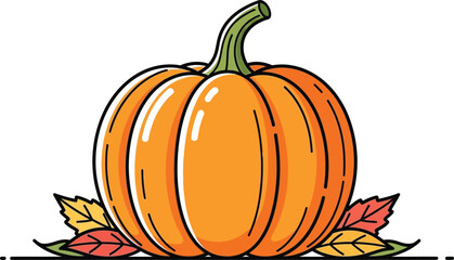 Naklejka premium A vibrant orange pumpkin illustration with detailed linework and autumn leaves perfect for fall designs on transparent background silhouette high quality