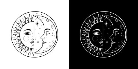 Sun and Moon illustration in black and white symbolizing Spring Equinox, isolated vector image, two design options on transparent and black backgrounds, pencil drawing, chalk drawing  
