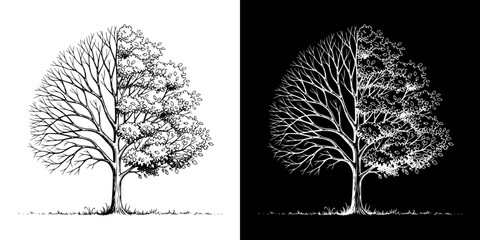 Single tree with bare branches on one side and leaves on the other side, Spring Equinox, isolated vector image, two design options on transparent and black backgrounds, pencil drawing, chalk drawing  