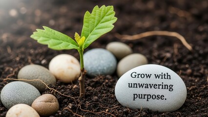 Young Sprout Growing in Soil with Motivational Stone