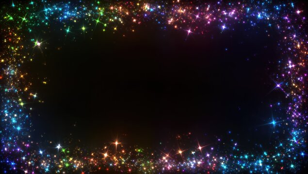 A black rectangular void surrounded by a colorful border of glittering, radiant particles, creating a dazzling frame effect