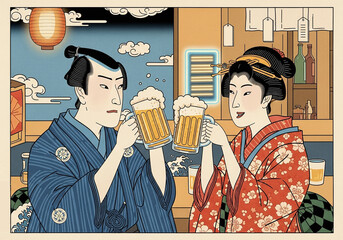 イラスト：仕事帰りの一杯を楽しむ侍と町娘の晩酌