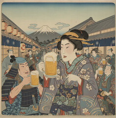 富士山が見える江戸の街角でビールを楽しむ人々