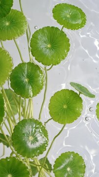 Fresh centella asiatica leaves floating in clear water