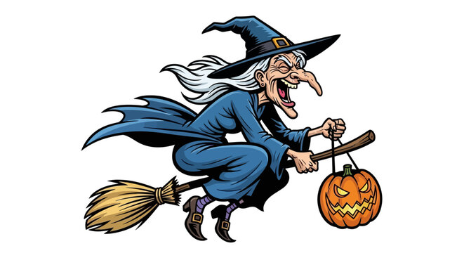 Cartoon witch flying on broomstick with pumpkin lantern.