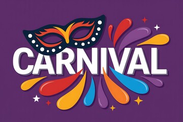 Obraz premium Colorful carnival graphic with mask and splashes of paint on purple background