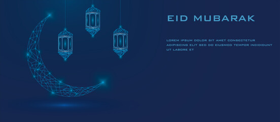 Eid Mubarak Greeting Background with Crescent and Hanging Lanterns