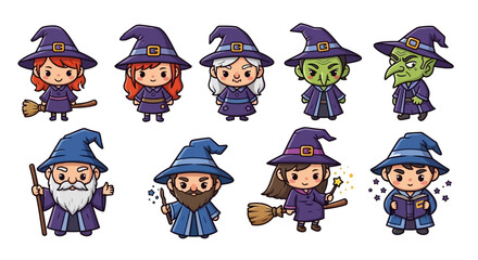 Cartoon wizards and witches set with magical accessories.