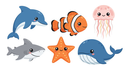 Naklejka premium Cartoon marine life including dolphin, clownfish, and whale.