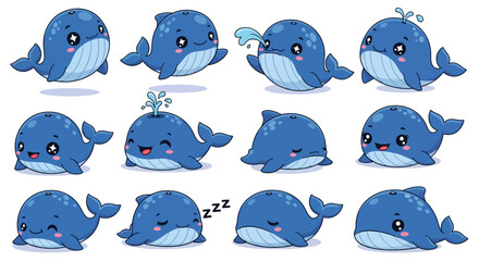 Fototapeta premium Cute cartoon whales with different facial expressions.