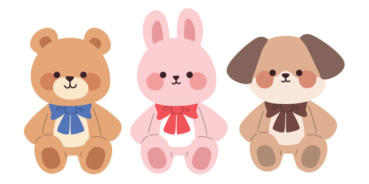Cute plush toy animals vector illustration set