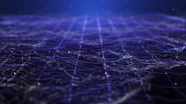 Abstract digital perspective grid with glowing purple and blue particles on dark background. 