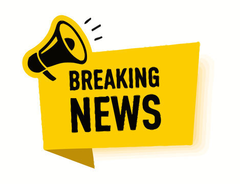 Breaking news announcement banner with megaphone symbol, yellow alert message for current events and urgent information, dynamic graphic.