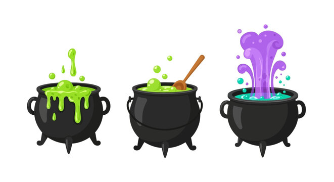 Three black cauldrons with bubbling green and purple potions.