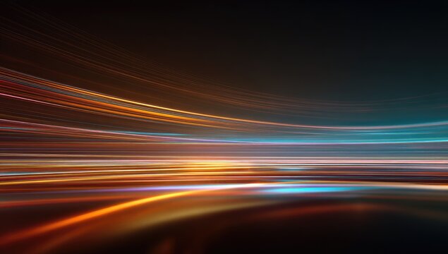 An abstract, dynamic digital artwork featuring flowing, vibrant lines of light in shades of orange, blue, and gold against a dark backdrop