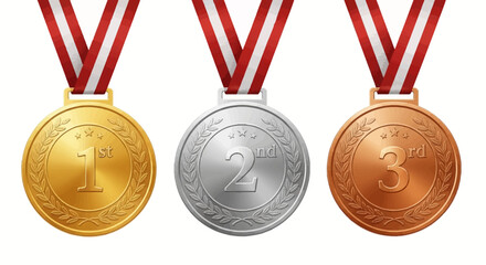 Three medals hanging from red and white ribbons, symbolizing achievement and competition.