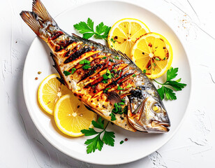 Grilled fish garnished with lemon slices and parsley, white plate, top view. AI