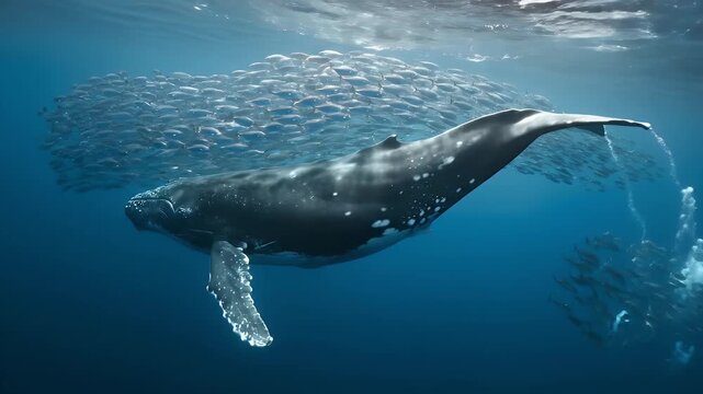 Majestic humpback whale swimming gracefully through clear ocean waters surrounded by a school of small fish