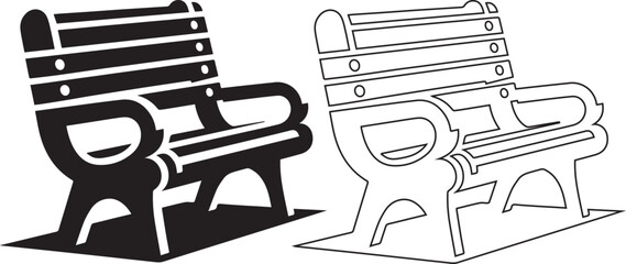 black silhouette of a park bench with backrest made of horizontal slats vector art.
