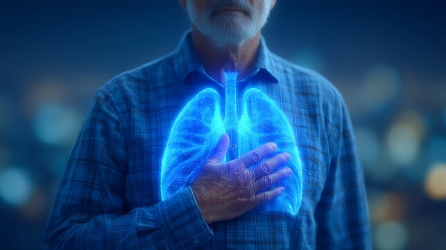 Senior Man with Lungs, Respiratory Health, and Medical.
